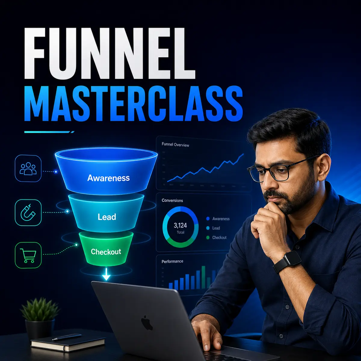 funnel-masterclass-male Funnel Masterclass course thumbnail featuring an Indian male professional
