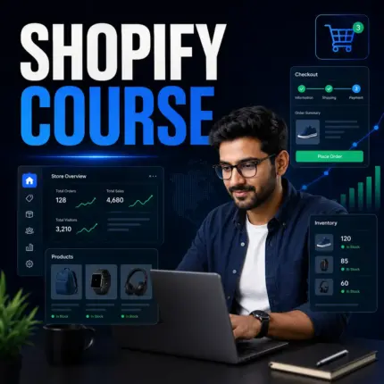 Shopify course thumbnail featuring an Indian male ecommerce professional