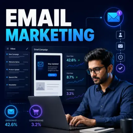 Email Marketing course thumbnail featuring an Indian male professional